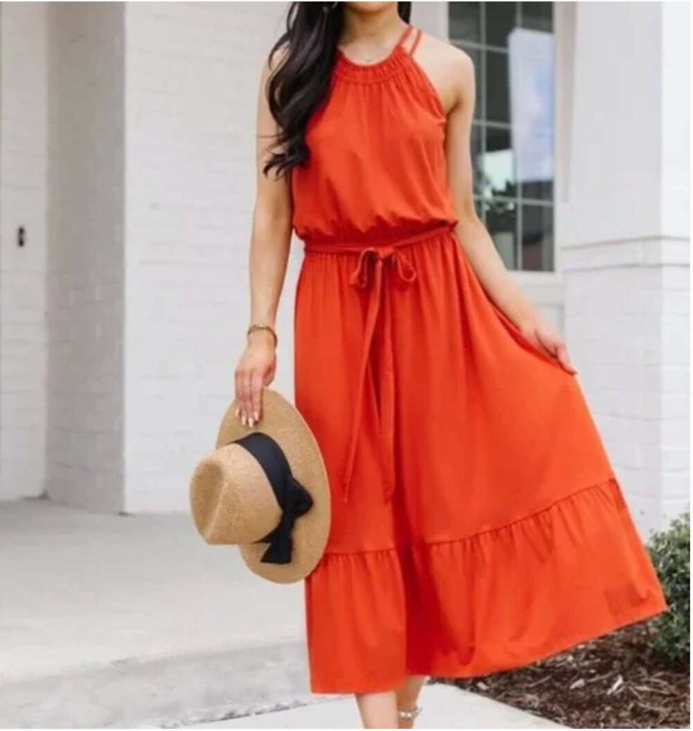 LOFT NWT Orange Tie Waist Halter Midi Dress // L